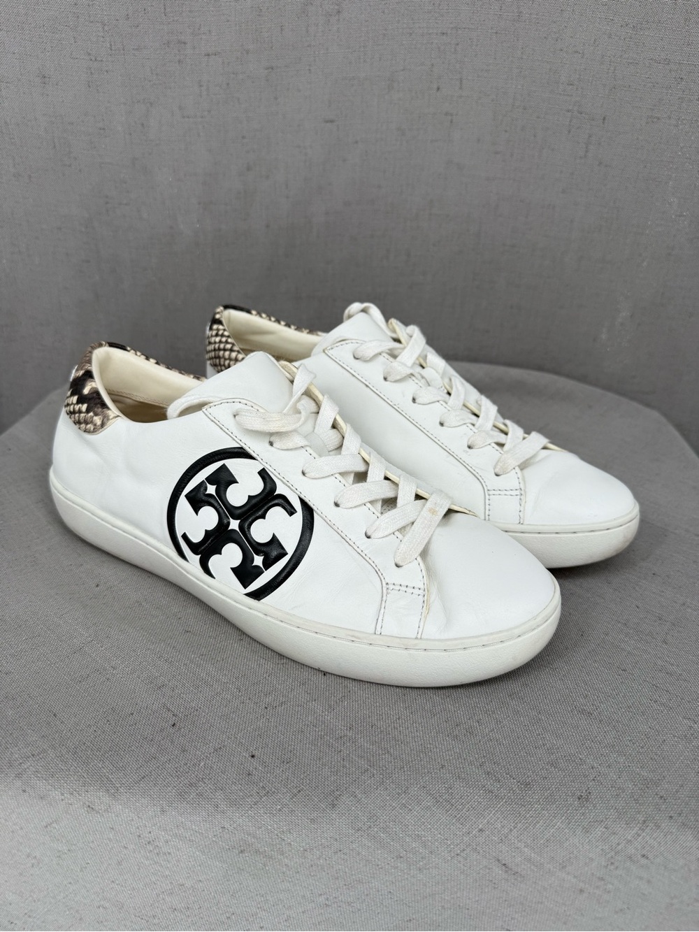 Tory Burch Leigh T-Logo Sneaker Calf Leather/ Stamped Snake Printed Leather Sz 9